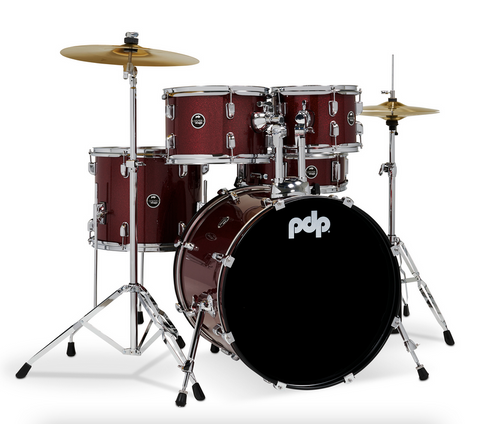 PDP PDCE2015KTRR Center Stage Ruby Red Sparkle 5-Piece Kit, 20" Kick, Hardware, Cymbals & Throne Included