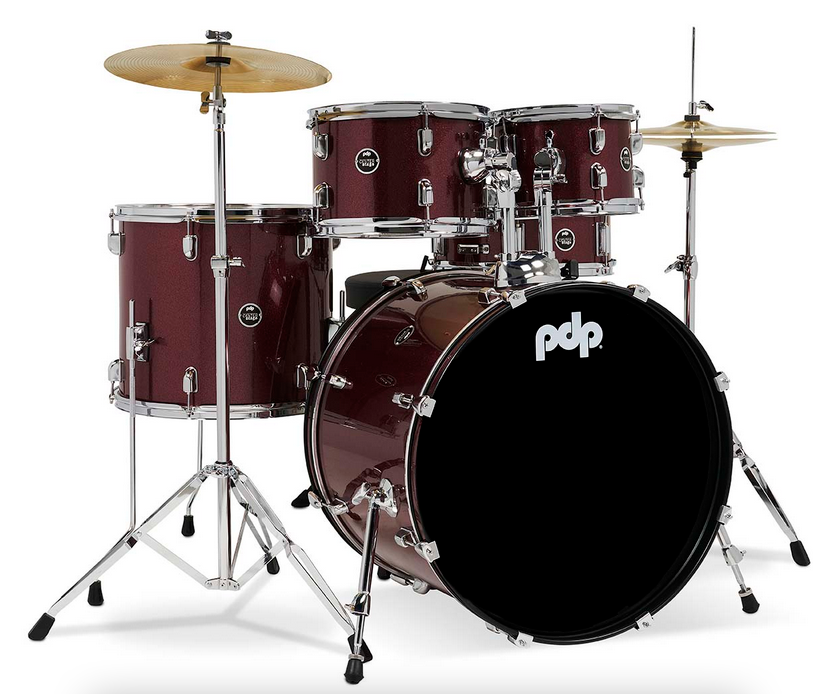PDP PDCE2215KTRR Center Stage Ruby Red Sparkle 5-Piece Kit, 22" Kick, Hardware, Cymbals & Throne Included