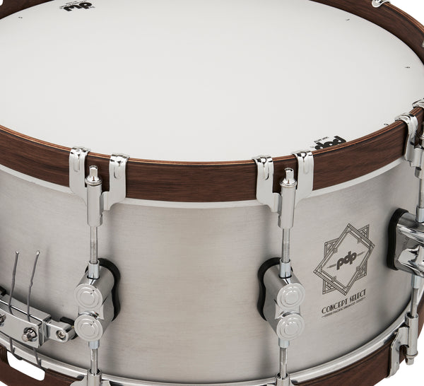 PDP PDSN6514CSAL Concept Select Snare Drum 3mm Aluminum/Walnut Wood Hoops &amp; Chrome Hardware, 6.5x14